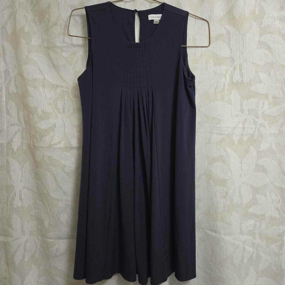 Womens 8 Navy Blue Pleated Sleeveless Shift Midi Dress Casusl Dance Flowy Flares